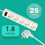 Сетевой фильтр 1,8 м, 5 гнезд, 10А, 2200 Вт, с заземлением, ПВС 3x0,75, белый (SBSP-18-W)