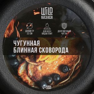 Сковорода блинная Wild Kitchen, d=22 см, лопатка и губка в комплекте, чугун