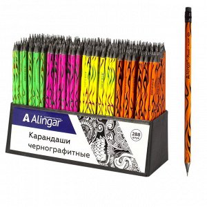 Карандаш ч/г Alingar HB, дерево, с ластиком, круглый, заточенный, ассорти, корпус с рисунком орнамент