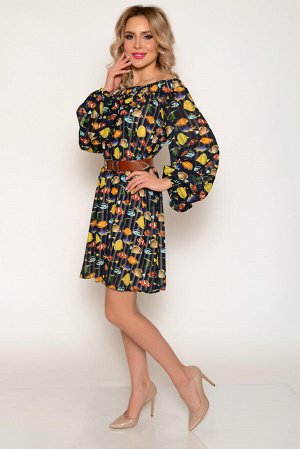 Платье Основная ткань: полупрозрачный шифон с раппортом рисунка "рыбки" и вертикальными неброскими полосами в цвет ткани.
Состав: полиэстер 100%.
Подкладочная ткань: лёгкая, полупрозрачная, воздушная,