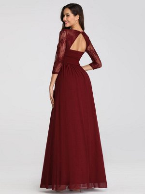 Длинное бордовое вечернее шифоновое платье с завышенной талией и кружевными рукавами