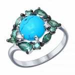 Кольцо из серебра с бирюзой (синт.) и зелеными фианитами арт 008