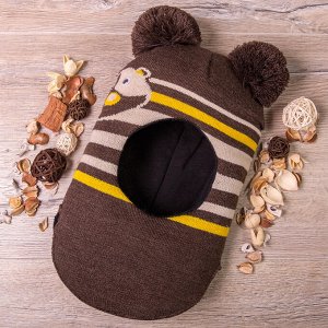 Шапка-шлем вязаная с двумя бубонами, подклада трикотаж, коричневая с желтой полосой