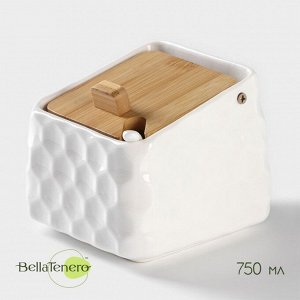 Банка для сыпучих продуктов BellaTenero, 750 мл, 14,5*11 см, с ложкой, с бамбуковой крышкой, фарфор, белая