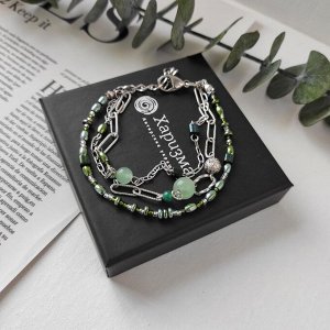 Многослойный браслет с гематитом зелёные оттенки