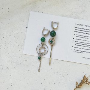 Серьги с зелёным агатом в белом металле