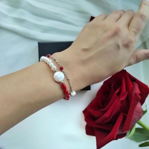 Браслет в 2слоя с жемчугом и красным кораллом