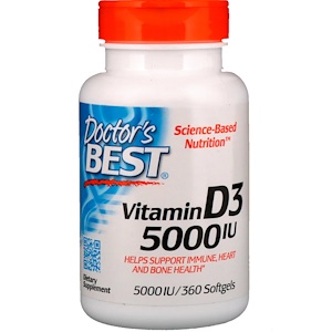 Doctor's Best, Витамин D3, 5000 МЕ, 360 мягких кап.