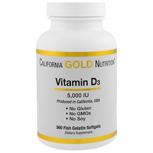 California Gold Nutrition, Витамин D-3, 5,000 МЕ, 360 желатиновых капсул из рыбы