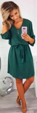 Платье с V вырезом и рукавами средней длины Цвет: ЗЕЛЕНЫЙ