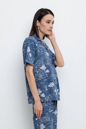 Рубашка. Цвет: джинсовый/ морской пейзаж
