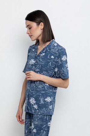Рубашка. Цвет: джинсовый/ морской пейзаж