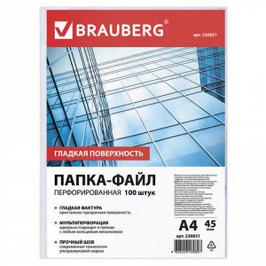 Папки-файлы перфорированные А4 BRAUBERG, КОМПЛЕКТ 100 шт., г