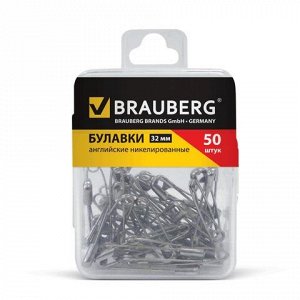 Булавки английские BRAUBERG 32 мм никелированные, 50 шт., в