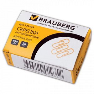 Скрепки BRAUBERG 28 мм золот., 100 шт., в карт. коробке, 221