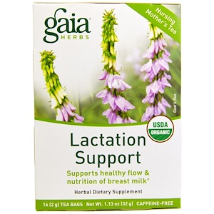 Gaia Herbs, Поддержка лактации, чай для кормящих женщин, без кофеина, 16 чайных пакетиков