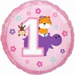 Фольга шар круг Первый день рождения девочки розовый 18&quot;/46 см