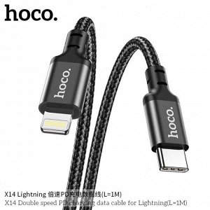 Кабель Hoco X14, Type-C - Lightning, 3 А, 1 м, быстрая зарядка, оплётка нейлон, чёрный