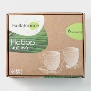 Набор чайный BellaTenero, 6 предметов: 2 чашки 350 мл, 2 деревянных блюдца d=12 см, 2 ложки, на бамбуковой подставке, керамика, белый