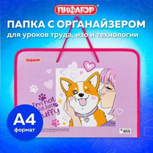 Папка для труда на молнии с ручками ПИФАГОР А4, 1 отделение, пластик, органайзер, "Fluffy akita", 272227