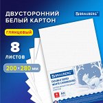 Картон белый А4 МЕЛОВАННЫЙ (белый оборот)  8 листов, BRAUBERG, 200х280мм, 115491