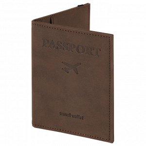 Обложка для паспорта с карманами и резинкой, мягкая экокожа, "PASSPORT", коричневая, BRAUBERG 238204