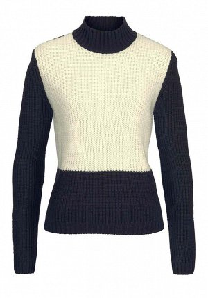 1к Пуловер, синий  Tamaris Цветные блоки женского пуловера от Tamaris. Обрамляющая фигуру укороченная форма с узким воротником-стойкой, длинными рукавами и краями резиночной вязкой. Длина ок. 60 см. М