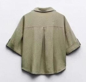 РУБАШКА ИЗ СМЕСОВОГО ЛЬНА С КОРОТКИМИ РУКАВАМИ арт. 8240484 2186716, зеленый хаки