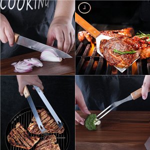 Набор приборов для барбекю: лопатка, вилка для мяса, щипцы кухонные, нож