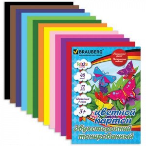 Цветной картон А4 ТОНИРОВАННЫЙ В МАССЕ, 48 листов, 12 цветов