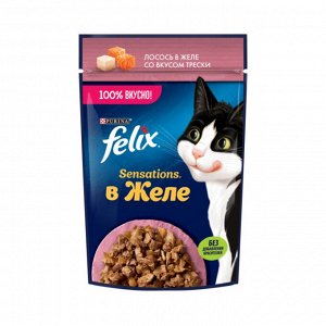 Влажный корм Felix Sensations для взрослых кошек, с лососем в желе с добавлением трески 75 г