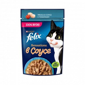 Влажный корм Felix Sensations для взрослых кошек, с треской в соусе с томатами 75 г