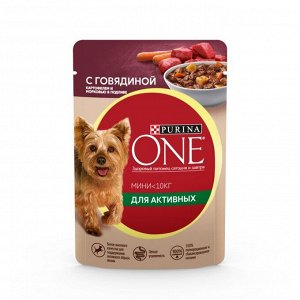 Влажный корм Purina ONE Мини для активных взрослых собак мелких и карликовых пород, с говядиной, картофелем и морковью в подливе 85 г