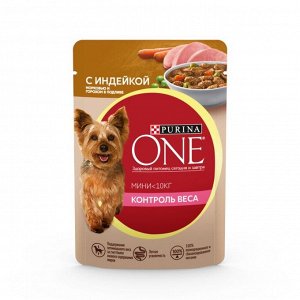 Влажный корм Purina ONE Мини Контроль веса для взрослых собак мелких пород с низкой физической активностью или склонных к набору веса, с индейкой, морковью и горохом в подливе 85 г