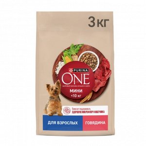 Сухой корм для собак Purina ONE® мелких и карликовых пород, с высоким содержанием говядины и с рисом, 3 кг