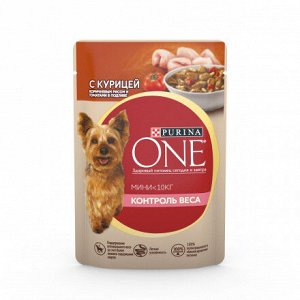 Влажный корм Purina ONE Мини Контроль веса для взрослых собак мелких пород, с курицей, коричневым рисом и томатами в подливе 85 г