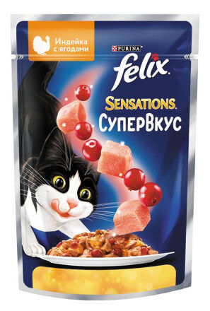 Влажный корм Felix Sensations Супервкус для кошек, со вкусом индейки и ягод, в желе 75 г