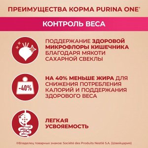 Корм для собак Purina ONE® МИНИ Здоровый вес для собак мелких пород, склонных к набору веса, с высоким содержанием индейки и с рисом, Пакет, 600 г