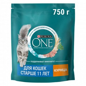 Сухой корм Purina ONE® полнорационный для кошек старше 11 лет, с высоким содержанием курицы, 750 г