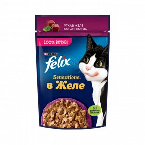 Влажный корм Felix Sensations для взрослых кошек, с уткой в желе со шпинатом 75 г