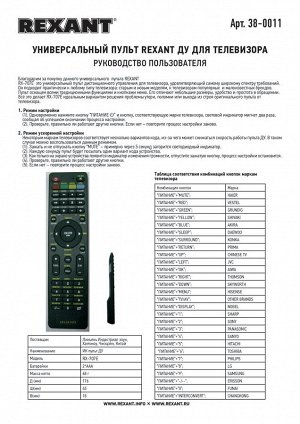 Пульт универсальный для телевизора (RX-707E) REXANT