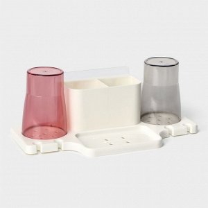 Держатель для зубных щеток настенный, с 2 стаканами на липучках, 31x9x14 см, белый