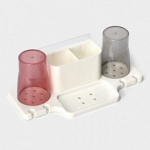 Держатель для зубных щеток настенный, с 2 стаканами на липучках, 31x9x14 см, белый
