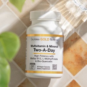 California Gold Nutrition, Мультивитамины и минералы с метилом B12, витамином C, L-метилфолатом и биокверцетином, для приема два раза в день, 60 растительных капсул