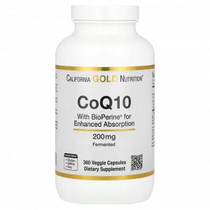 California Gold Nutrition, коэнзим Q10 с экстрактом чёрного перца Bioperine®, 200 мг, 360 растительных капсул