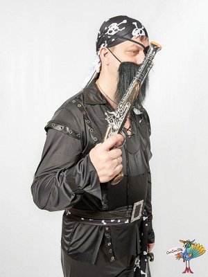 костюм Разбойника черный (рубашка, штаны, бандана, пояс, повязка на пояс,имитация сапог,борода, накладка на глаз) р-р L