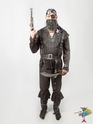 костюм Разбойника черный (рубашка, штаны, бандана, пояс, повязка на пояс,имитация сапог,борода, накладка на глаз) р-р L