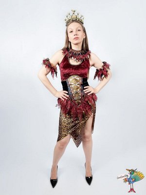Костюм кудесницы вуду р-р S (изящное платье с леопардовой юбкой, корсет, манжеты, тиара и украшение на шею из костей)