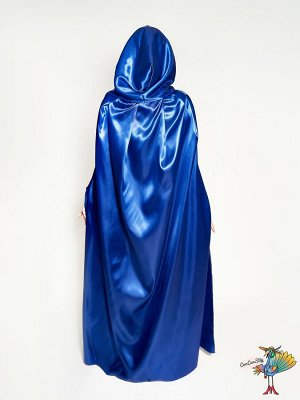 Плащ шелк синий с капюшоном, длина 150 см, р-р L