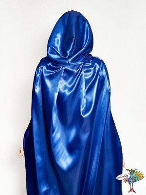 Плащ шелк синий с капюшоном, длина 150 см, р-р L